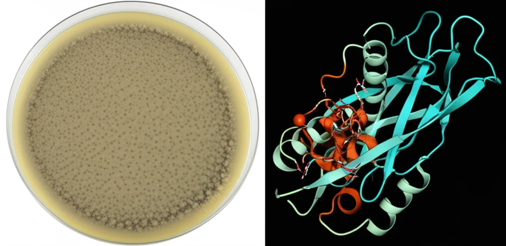 Immagine composita fotorealistica: a sinistra, una macro di alta qualità della coltura fungina di Amylomyces rouxii su piastra Petri (obiettivo macro 100mm, alta definizione); a destra, una visualizzazione 3D dettagliata della molecola dell'enzima tirosinasi con i siti di rame evidenziati. Illuminazione da laboratorio controllata, sfondo neutro.