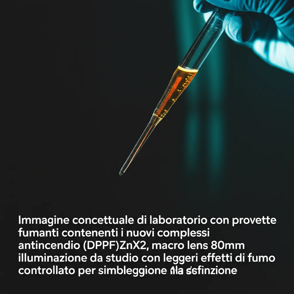 Immagine concettuale di laboratorio con provette fumanti contenenti i nuovi complessi antincendio (DPPF)ZnX2, macro lens 80mm, illuminazione da studio con leggeri effetti di fumo controllato per simboleggiare l'estinzione, alta definizione.