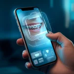 Immagine concettuale di un sorriso sano con apparecchio ortodontico sovrapposto a un'interfaccia digitale di chatbot AI su uno smartphone, stile fotorealistico, luce high-tech bluastra e bianca, obiettivo 50mm, focus selettivo sull'interazione tra tecnologia e salute dentale, sfondo leggermente sfocato con elementi grafici high-tech.