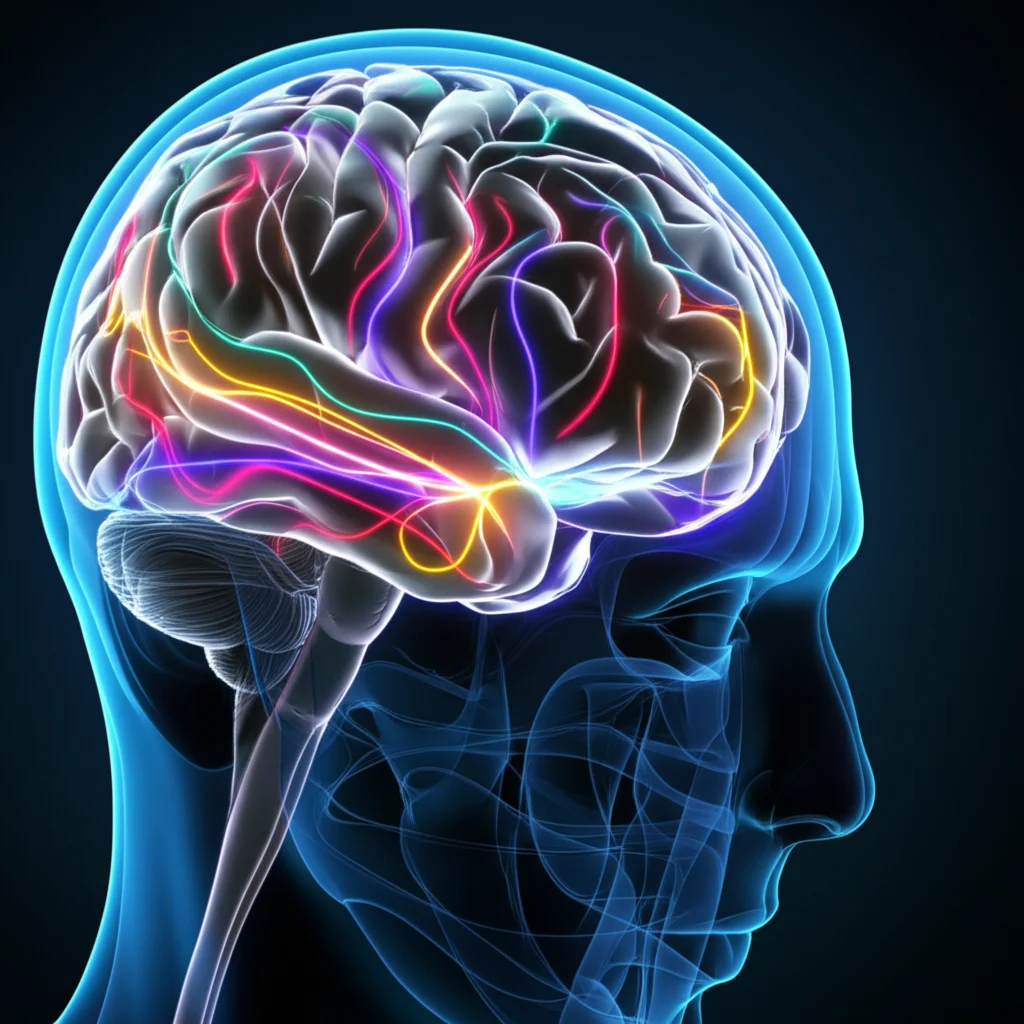 Immagine concettuale fotorealistica del cervello umano con percorsi neurali luminosi e colorati che si diramano, rappresentando la mappatura precisa dei circuiti resa possibile da ATLAS. Wide-angle lens, 18mm, sharp focus, effetto luminoso vibrante su sfondo scuro.