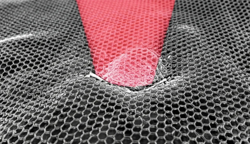 Immagine fotorealistica, stile microscopia elettronica a scansione ad alta risoluzione, che mostra nanoparticelle di ossido di grafene PEGylate (strutture lamellari sottili, leggermente rugose, di dimensioni nanometriche) adese alla superficie frastagliata di una cellula di carcinoma epatocellulare (HepG2). Un fascio di luce laser nel vicino infrarosso (NIR, 808nm), rappresentato come un cono di luce rossastra focalizzato, colpisce selettivamente le nanoparticelle, suggerendo l'attivazione per la terapia fototermica. Dettaglio elevato delle interazioni cellula-nanoparticella, illuminazione drammatica controllata per enfatizzare l'effetto del laser.