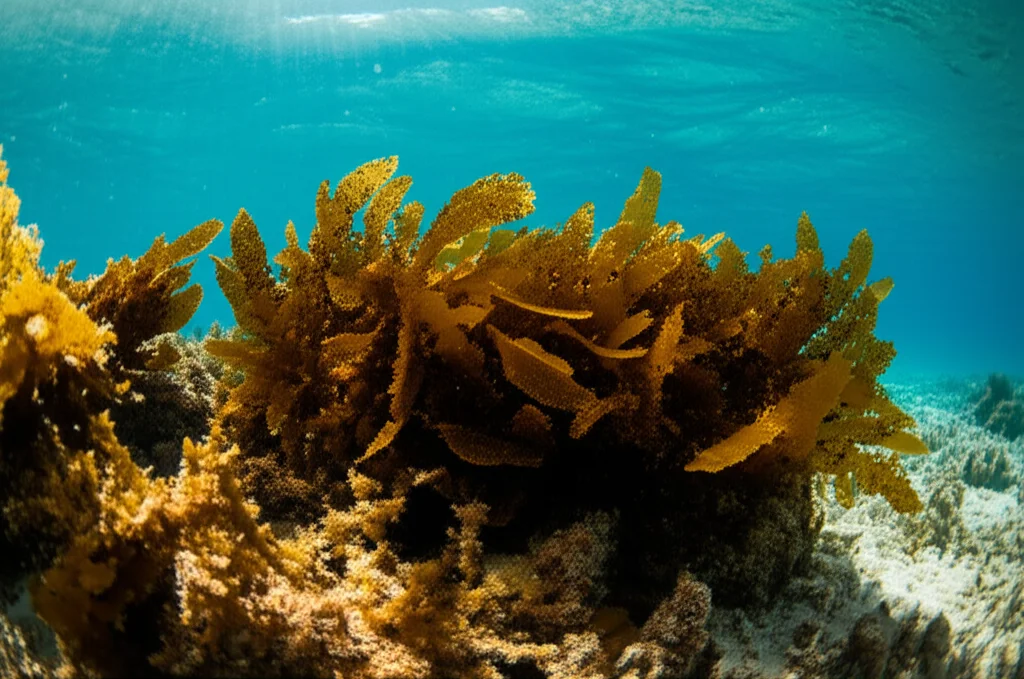 Primo piano di diverse specie di alghe brune marine, con texture e forme variegate, che emergono dall'acqua cristallina dei Caraibi colombiani sotto un sole splendente. Wide-angle, 20mm, sharp focus, colori vividi, effetto 'sopra e sotto l'acqua'.