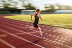 Una persona adulta di mezza età, vista di spalle, che inizia a correre su una pista di atletica al tramonto, teleobiettivo zoom 100-400mm, fast shutter speed, movement tracking, con un'espressione determinata.