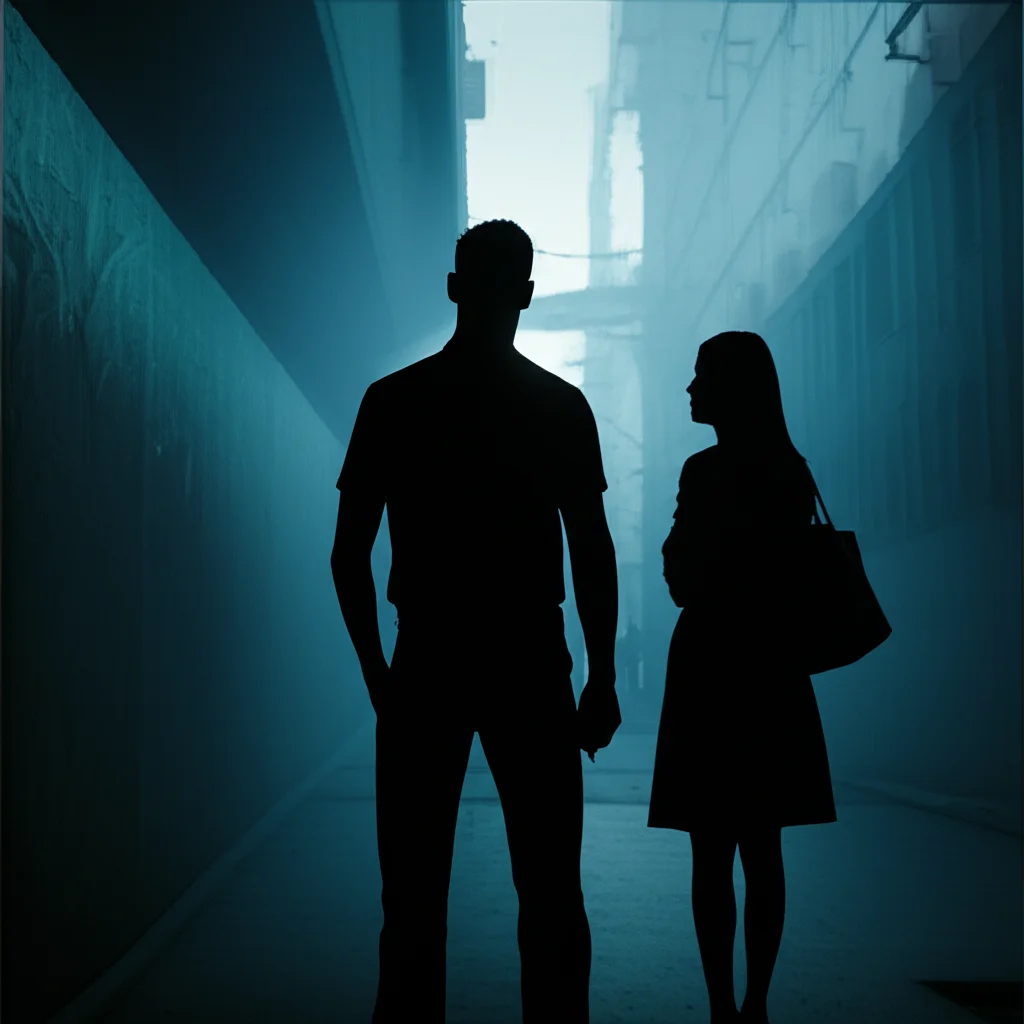 Un'immagine concettuale che rappresenta lo stigma strutturale: silhouette di giovani SGM che si stagliano contro un paesaggio urbano con leggi discriminatorie simboleggiate da ombre opprimenti. Stile fotorealistico, obiettivo grandangolare da 24mm, illuminazione drammatica, duotone blu e grigio scuro per trasmettere un senso di oppressione e resilienza.