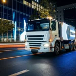 Visione futuristica della gestione dei rifiuti in una smart city, con un camion della spazzatura high-tech autonomo che si avvicina a cassonetti intelligenti illuminati che comunicano dati sul loro livello di riempimento. Fotografia grandangolare con obiettivo da 24mm, messa a fuoco nitida, leggera lunga esposizione per scie luminose che simboleggiano il flusso di dati e l'efficienza, atmosfera serale con illuminazione urbana moderna.