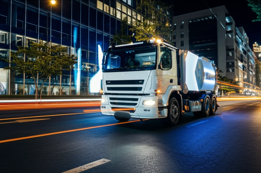 Visione futuristica della gestione dei rifiuti in una smart city, con un camion della spazzatura high-tech autonomo che si avvicina a cassonetti intelligenti illuminati che comunicano dati sul loro livello di riempimento. Fotografia grandangolare con obiettivo da 24mm, messa a fuoco nitida, leggera lunga esposizione per scie luminose che simboleggiano il flusso di dati e l'efficienza, atmosfera serale con illuminazione urbana moderna.