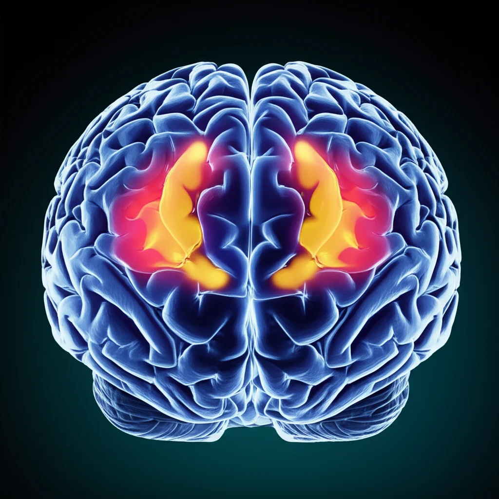 Visualizzazione artistica di un glioblastoma a farfalla nel cervello, con colori vivaci che ne delineano la forma caratteristica attraverso i due emisferi e il corpo calloso, obiettivo 50mm, resa fotorealistica con profondità di campo per mettere a fuoco la lesione, sfondo scuro per contrasto.