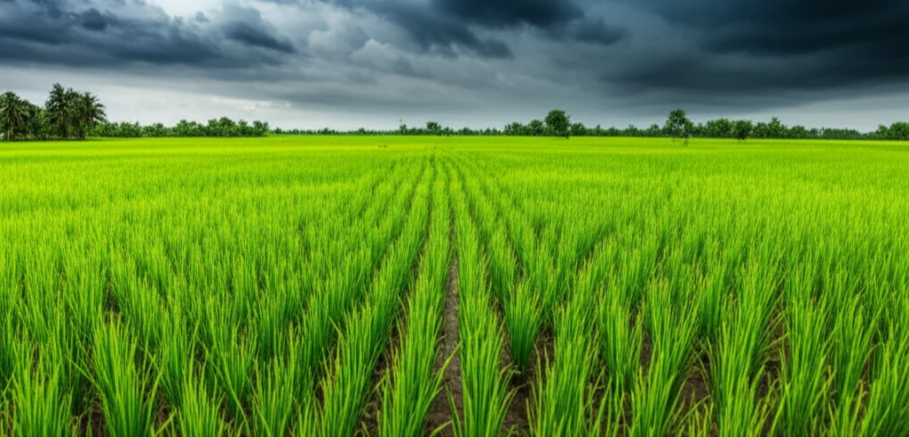 Wide-angle landscape photo of lush green rice paddies in rural Bangladesh under a dramatic sky, showing signs of potential flooding, 10mm wide-angle lens, sharp focus.