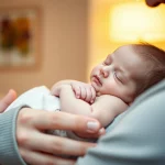 A parent holding a newborn baby, soft focus, 35mm portrait, warm lighting.