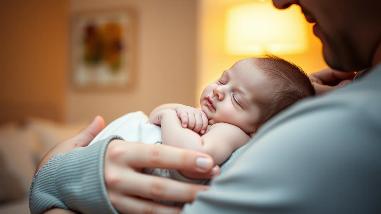 A parent holding a newborn baby, soft focus, 35mm portrait, warm lighting.
