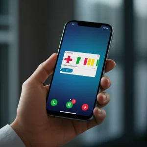 Closp-up Shot di un moderno smartphone che mostra un'interfaccia di app di report medica, tenuta da una mano. Lo sfondo è leggermente sfocato, suggerendo un ambiente clinico o domestico. Lenti macro, 85 mm, dettagli elevati, messa a fuoco precisa, illuminazione a controllo morbido.
