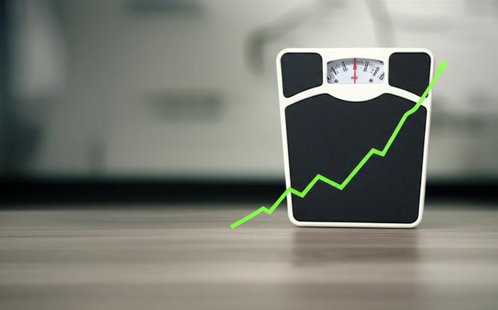Concetto di salute e monitoraggio del peso corporeo: una bilancia medica analogica al centro, affiancata da un grafico a linea astratto che mostra fluttuazioni verso l'alto e verso il basso, sfondo neutro e pulito con leggera sfocatura, obiettivo 50mm prime, luce da studio controllata e morbida, stile fotorealistico.