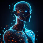 Futuristic abstract image of a glowing human silhouette formed by interconnected data points and neural network patterns, representing an AI-enabled Consumer Digital Twin. Prime lens, 35mm, depth of field, with vibrant blue and energetic orange duotones, symbolizing insight, innovation, and the future of customer experience.