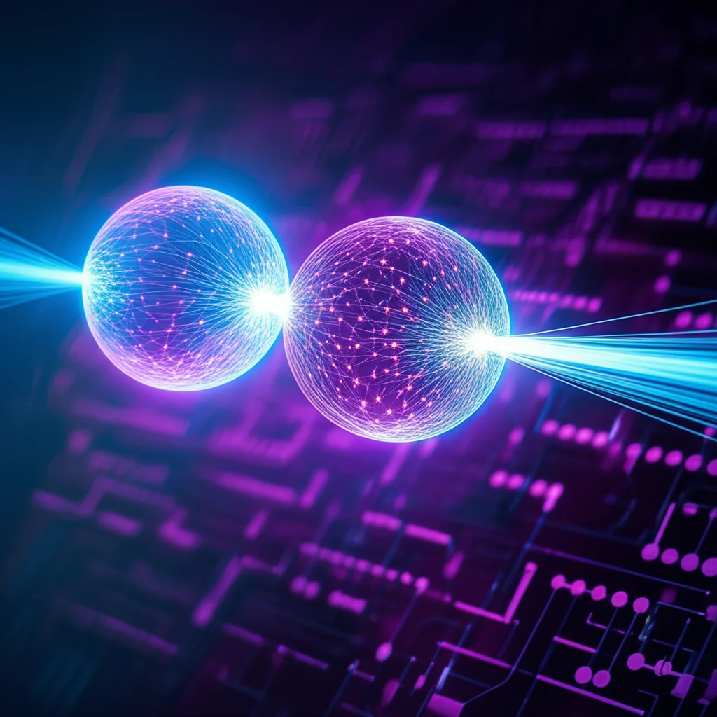 Illustrazione concettuale di due sfere luminose interconnesse che rappresentano particelle quantistiche, con una che influenza l'altra attraverso un legame visibile, simboleggiando lo steering quantistico. Sfondo astratto con elementi di circuiti quantistici. Prime lens 35mm, depth of field, duotone blu e viola.