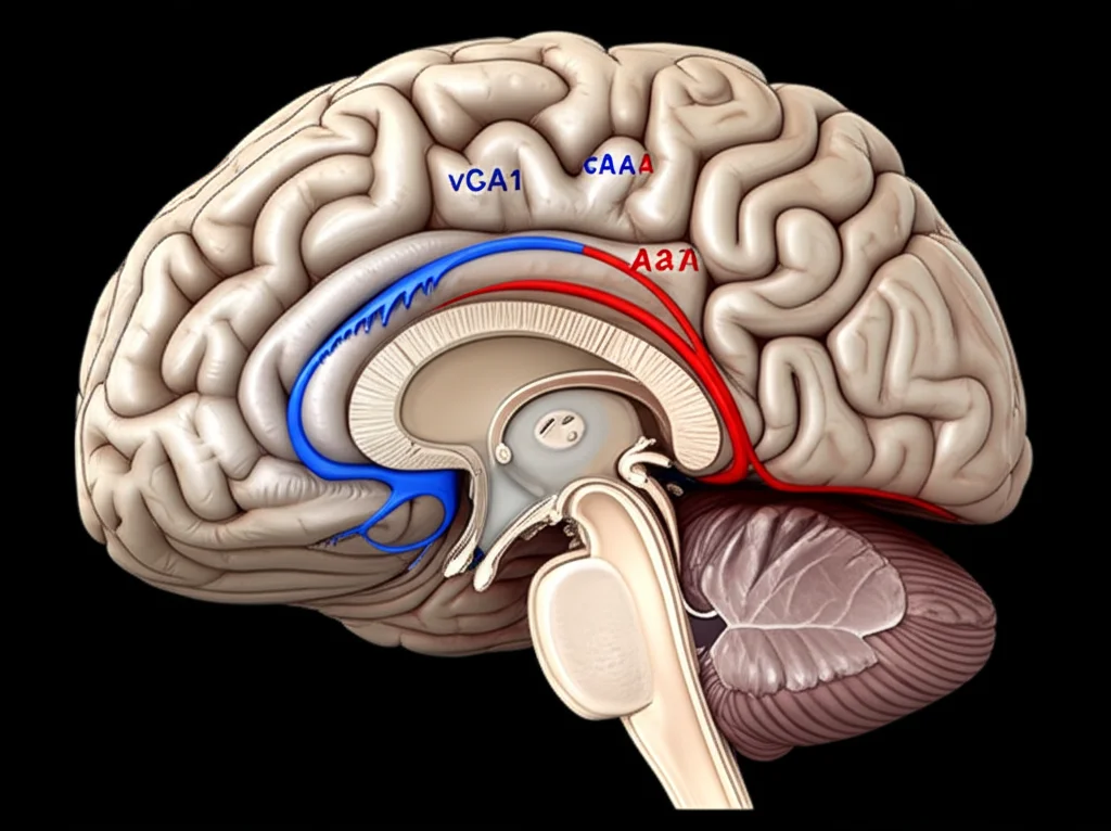 Illustrazione fotorealistica del cervello umano con evidenziate le aree dell'ippocampo ventrale (vCA1), del nucleo dorsale del rafe e del nucleo paraventricolare del talamo, con percorsi neuronali illuminati in blu (serotonina) e rosso (neurotensina) che convergono sulla vCA1, stile cinematografico scientifico, profondità di campo.