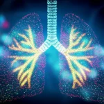 Immagine concettuale di polmoni umani stilizzati composti da particelle luminose colorate (VOCs) su uno sfondo blu scuro tecnologico, simboleggia l'analisi del respiro per la diagnosi, obiettivo 50mm, effetto bokeh.