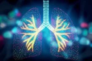 Immagine concettuale di polmoni umani stilizzati composti da particelle luminose colorate (VOCs) su uno sfondo blu scuro tecnologico, simboleggia l'analisi del respiro per la diagnosi, obiettivo 50mm, effetto bokeh.