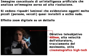 Immagine concettuale di un'intelligenza artificiale che analizza un'immagine aerea ad alta risoluzione. Si vedono riquadri luminosi che evidenziano oggetti molto piccoli (persone, veicoli) quasi invisibili a occhio nudo. Effetto zoom digitale su un dettaglio. Obiettivo teleobiettivo 400mm, alta velocità dell'otturatore, tracciamento del movimento, stile cinematografico high-tech.