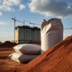 Immagine suggestiva di un mucchio di polvere di laterite rosso-bruna finemente macinata accanto a sacchi di cemento tradizionali grigi, con sullo sfondo un cantiere edile moderno e sostenibile sotto un cielo parzialmente nuvoloso. Obiettivo grandangolare 24mm, luce naturale del tardo pomeriggio che crea lunghe ombre, focus nitido sulla texture contrastante dei materiali in primo piano.