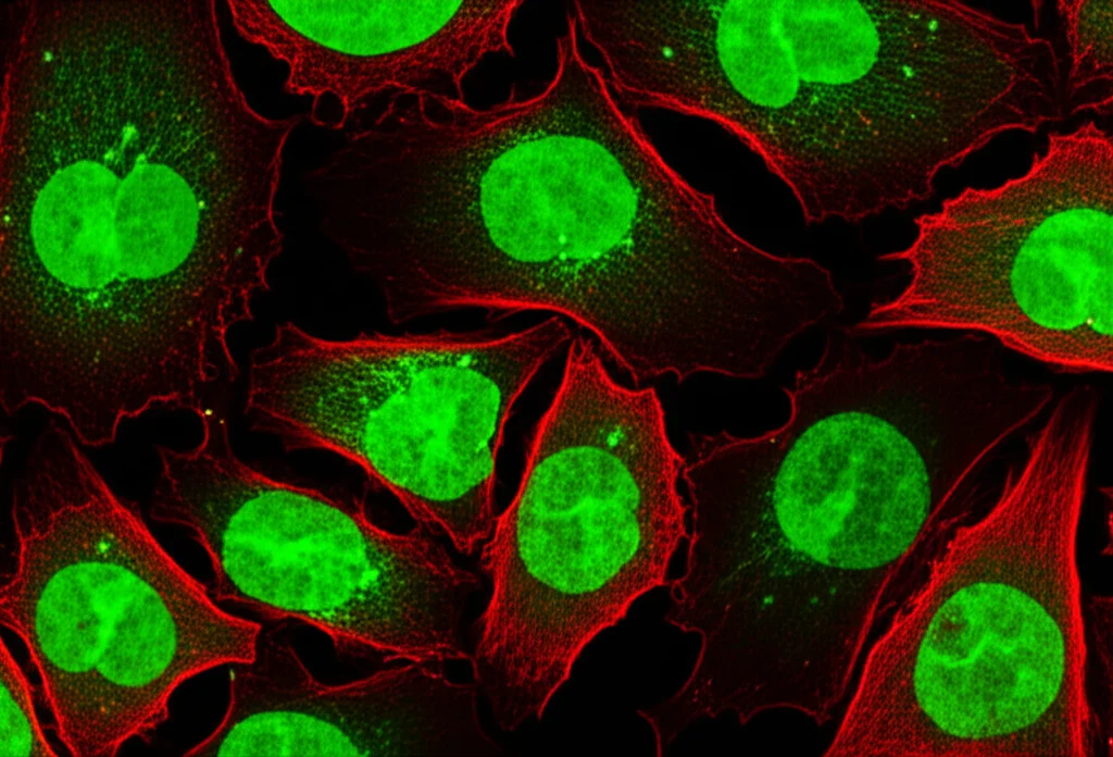 Microscopic view of lung cancer cells showing green gamma-H2AX foci indicating DNA damage, macro lens, 105mm, high detail, precise focusing, controlled lighting