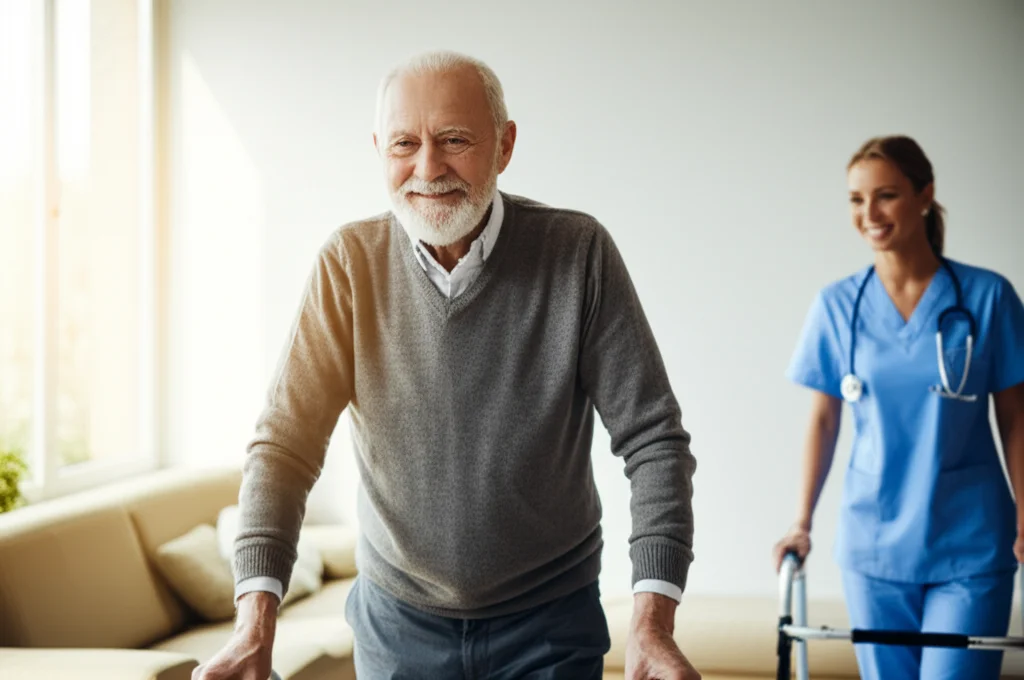 Paziente anziano sorridente mentre fa fisioterapia camminando con l'aiuto di un deambulatore dopo un intervento di protesi al ginocchio, fisioterapista di supporto sullo sfondo in una stanza luminosa, luce naturale calda, prime lens, 50mm, depth of field, colori vivaci e speranzosi.