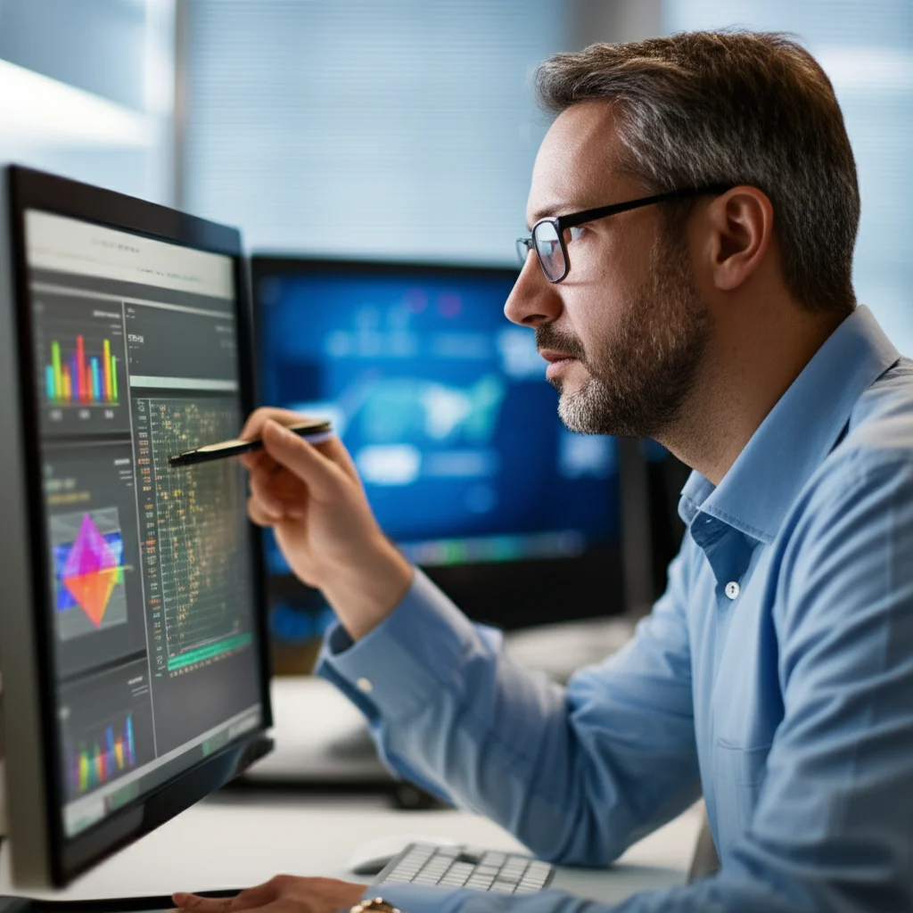 Portrait of a researcher analyzing complex data visualizations on a computer screen, 35mm portrait lens, depth of field, controlled lighting.