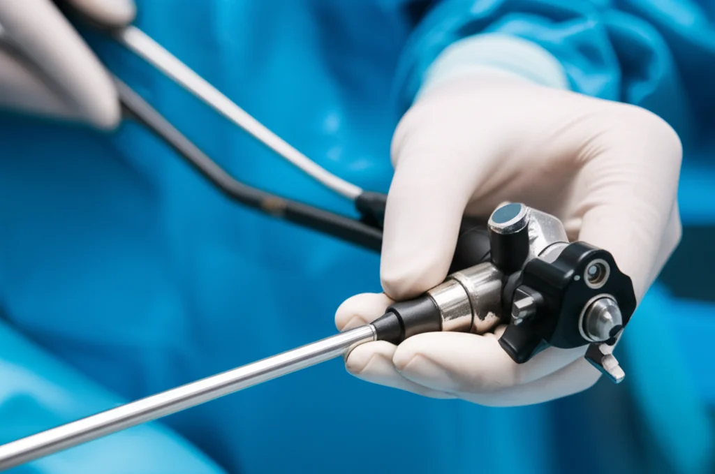 Primo piano dettagliato di un endoscopio chirurgico utilizzato per un intervento alla colonna vertebrale lombare, luce chirurgica intensa che riflette sul metallo, sfondo sfocato della sala operatoria, lente macro 90mm, alta definizione.