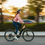 Primo piano dinamico di una giovane donna sorridente che guida una e-bike su una strada cittadina al tramonto. Movimento leggermente sfocato per indicare velocità (fast shutter speed), obiettivo zoom 35mm, colori caldi del tramonto, atmosfera positiva e sostenibile. Fotorealistico.