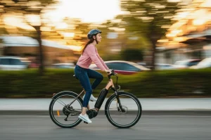 Primo piano dinamico di una giovane donna sorridente che guida una e-bike su una strada cittadina al tramonto. Movimento leggermente sfocato per indicare velocità (fast shutter speed), obiettivo zoom 35mm, colori caldi del tramonto, atmosfera positiva e sostenibile. Fotorealistico.