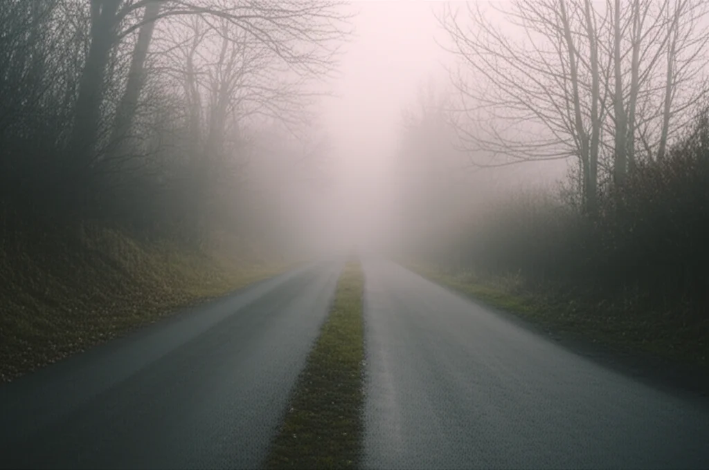 Un bivio in una strada nebbiosa che simboleggia le scelte difficili nella ricerca scientifica, obiettivo grandangolare 24mm, luce soffusa del mattino, profondità di campo per enfatizzare la biforcazione, atmosfera pensierosa.