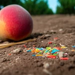 Un primo piano dettagliato di un terreno fertile di un pescheto con visibili frammenti colorati di microplastiche. Lente macro 100mm, alta definizione, illuminazione controllata per esaltare i dettagli delle particelle e la texture del suolo, con una pesca sfocata sullo sfondo per contesto.