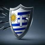 Un'immagine concettuale che rappresenta l'Uruguay (simboleggiato dalla sua bandiera o mappa stilizzata) che erige uno scudo protettivo (con un simbolo di salute come una croce medica o un caduceo) contro frecce che simboleggiano le pressioni degli investimenti internazionali e delle multinazionali. Stile fotorealistico, luce drammatica, obiettivo da 35mm, duotone blu e grigio per un effetto serio e istituzionale, profondità di campo.