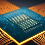 Visualizzazione artistica di un processore con flussi di calore stilizzati e particelle di fononi che si muovono attraverso di esso, evidenziando l'accelerazione GPU. Obiettivo macro, 80mm, illuminazione drammatica per enfatizzare il calore, alta definizione dei dettagli del chip.