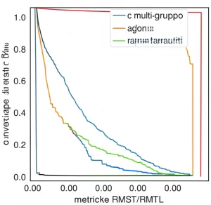 Visualizzazione concettuale di diverse curve di sopravvivenza colorate che si confrontano nel tempo su un grafico, rappresentando l'analisi multi-gruppo e le metriche RMST/RMTL. Stile grafico moderno e pulito, alta definizione, illuminazione brillante e chiara.