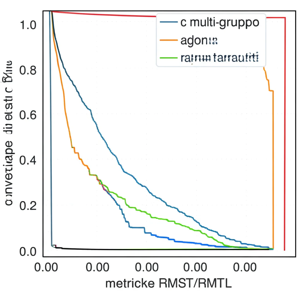 Visualizzazione concettuale di diverse curve di sopravvivenza colorate che si confrontano nel tempo su un grafico, rappresentando l'analisi multi-gruppo e le metriche RMST/RMTL. Stile grafico moderno e pulito, alta definizione, illuminazione brillante e chiara.