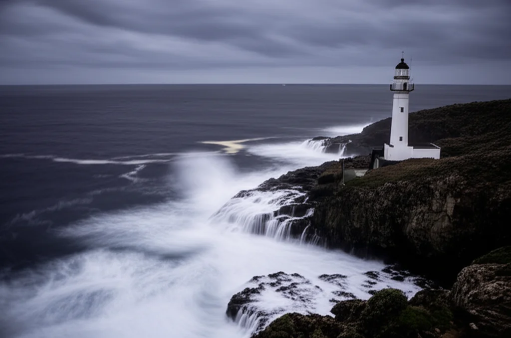 Grande angolo, una drammatica scena costiera durante un'ondata di tempesta con onde potenti illuminate da un faro lontano, lente da 14 mm, una lunga esposizione per il movimento dell'acqua liscio ma onde affilate, catturando la potenza grezza della natura e la necessità di previsioni accurate.