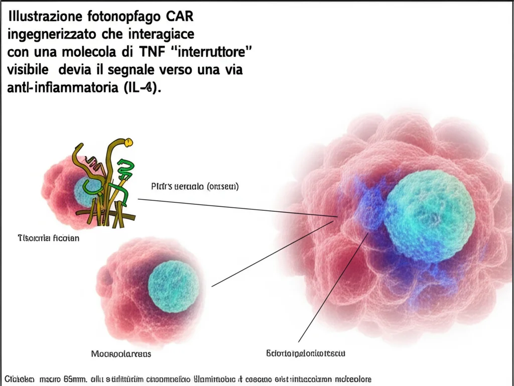 Illustrazione fotorealistica di un macrofago CAR ingegnerizzato che interagisce con una molecola di TNF, con un 'interruttore' visibile che devia il segnale verso una via anti-infiammatoria (IL-4). Sfondo di tessuto infiammato. Obiettivo macro 85mm, alta definizione, illuminazione drammatica per evidenziare l'interazione molecolare.