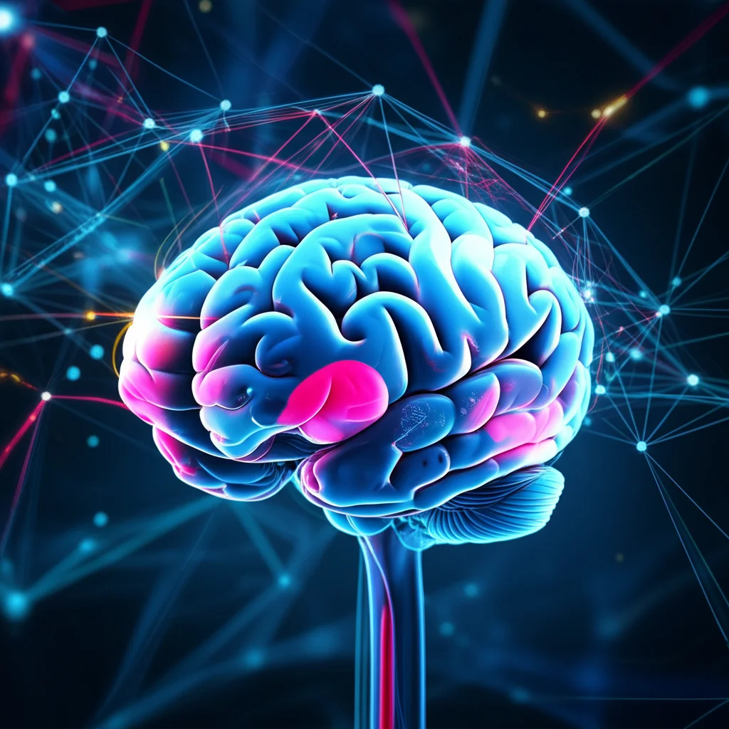 Immagine concettuale di un cervello umano digitale analizzato da un'intelligenza artificiale, con fasci di luce colorati che evidenziano diverse aree cerebrali e connessioni neurali. Obiettivo prime 35mm, con profondità di campo per mettere a fuoco il cervello e sfocare lo sfondo astratto di una rete neurale, duotone ciano e magenta per un look futuristico e tecnologico, illuminazione drammatica.