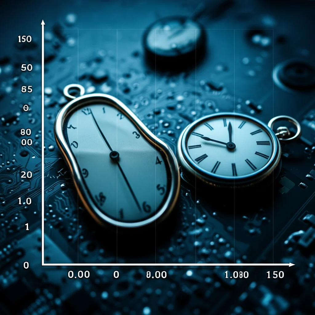 Immagine concettuale fotorealistica, 35mm prime lens, che mostra un orologio che si scioglie (stile Dalì) sovrapposto a un grafico della curva a vasca da bagno dei tassi di guasto. Sullo sfondo, un circuito elettronico complesso illuminato da una luce bluastra. Profondità di campo ridotta che sfoca lo sfondo, duotone blu e argento.