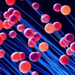 Immagine concettuale fotorealistica che mostra diverse molecole fluorescenti (sfere luminose di colori spettralmente simili come rosso, arancione, rosso scuro) che cambiano intensità luminosa (alcune più luminose, altre più fioche) in risposta a un campo elettrico simbolizzato da linee di energia bluastre. Sfondo scuro da laboratorio, effetto profondità di campo, lente prime 35mm.