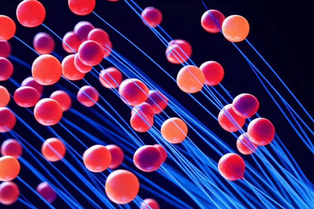 Immagine concettuale fotorealistica che mostra diverse molecole fluorescenti (sfere luminose di colori spettralmente simili come rosso, arancione, rosso scuro) che cambiano intensità luminosa (alcune più luminose, altre più fioche) in risposta a un campo elettrico simbolizzato da linee di energia bluastre. Sfondo scuro da laboratorio, effetto profondità di campo, lente prime 35mm.