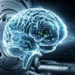 Immagine fotorealistica di un cervello digitale stilizzato, con circuiti luminosi blu e verdi che si interconnettono, simboleggiando una rete neurale. Alcuni percorsi si ottimizzano e si rafforzano dinamicamente, rappresentando l'azione degli algoritmi genetici. Sfondo high-tech con dati binari sfocati e un accenno a ingranaggi industriali. Obiettivo prime 35mm, profondità di campo, duotone blu ciano e argento metallizzato per un'estetica futuristica, intelligente e industriale.