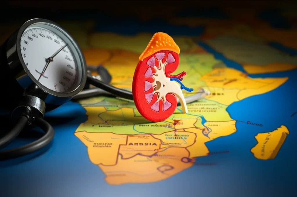 Immagine fotorealistica di un rene umano stilizzato e luminoso sovrapposto a una mappa dettagliata ma leggermente sfocata dell'Africa Subsahariana. Un misuratore di pressione sanguigna digitale è posizionato accanto al rene, con una linea grafica che li collega. Obiettivo macro 100mm, alta definizione, illuminazione da studio drammatica che evidenzia il rene e il misuratore, sfondo scuro.