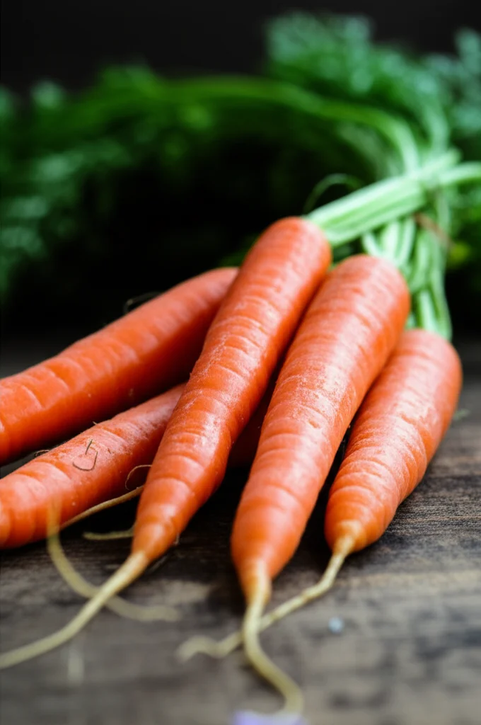 Macro photography, 60mm lens, di un mazzo di carote arancioni brillanti, appena raccolte, con un po' di terra ancora attaccata, high detail, precise focusing, controlled lighting, su uno sfondo di legno rustico.
