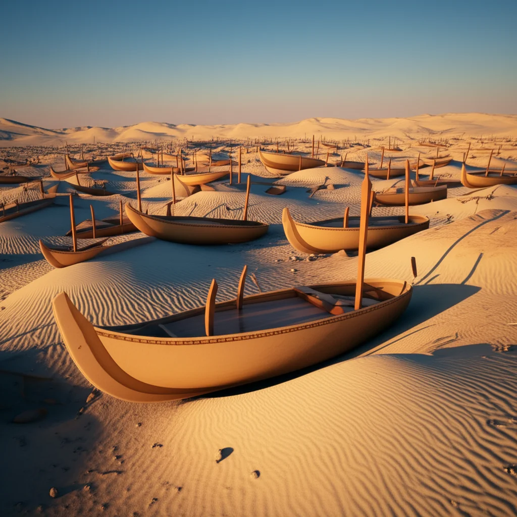 Photorealistic image of a Bronze Age burial site in a hyperarid desert, wide-angle lens, 10mm, sharp focus, showing unique boat-shaped coffins partially covered by sand with upright wooden markers.