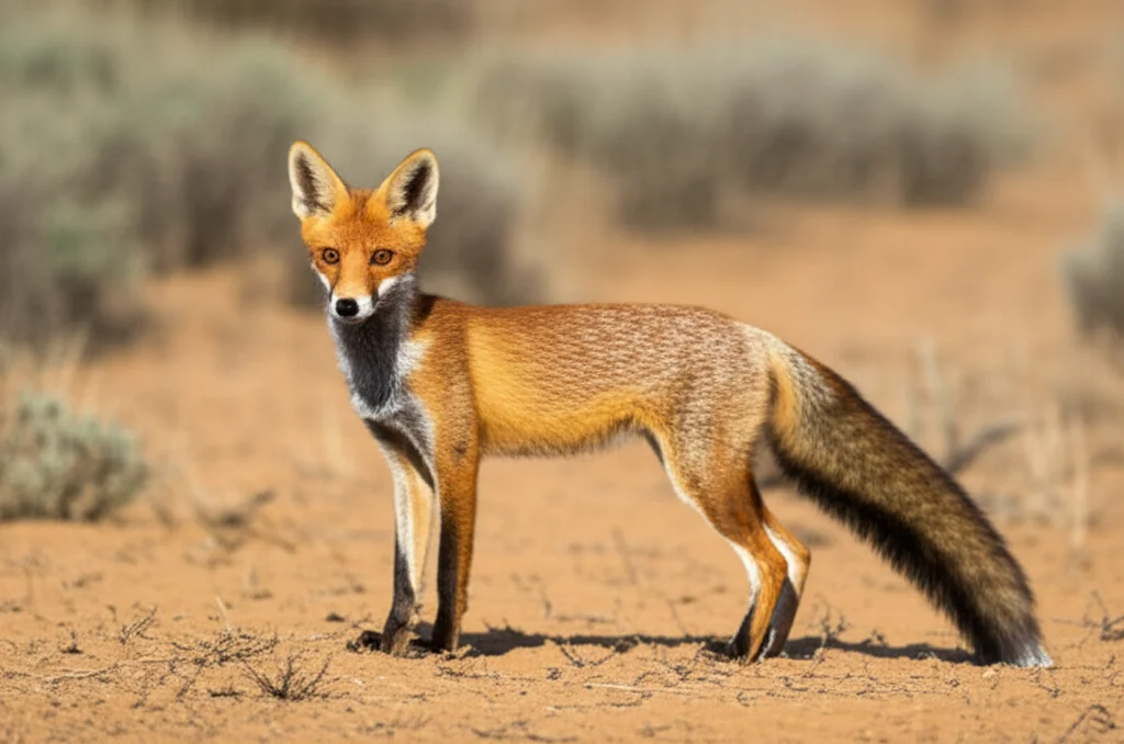 Photorealistic image, telephoto zoom 200mm, fast shutter speed, movement tracking: A European red fox stands alert in the dry, semi-arid landscape of the Australian Wimmera region.