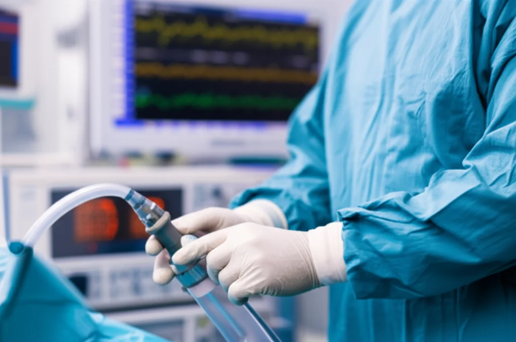 Primo piano delle mani guantate di un anestesista che regolano con precisione una manopola su un'apparecchiatura di anestesia complessa in una sala operatoria moderna e ben illuminata. Sullo sfondo, sfocato, si intravede un monitor con tracciati vitali. Obiettivo macro, focale 90mm, illuminazione controllata tipica della sala operatoria, alta definizione dei dettagli sulle dita e sull'apparecchiatura.