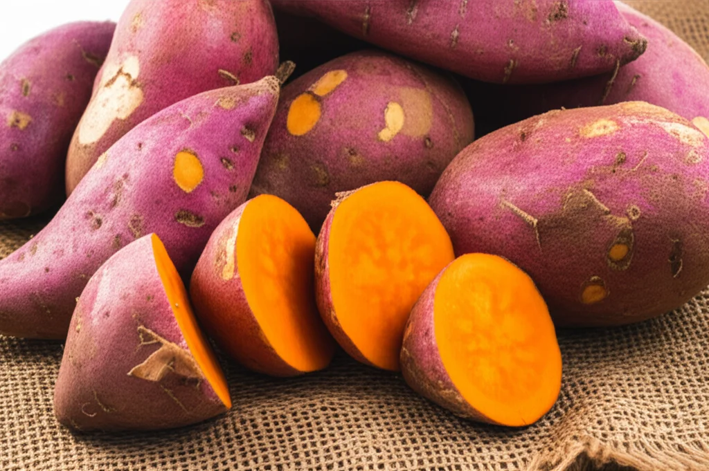 Primo piano di diverse varietà di patate dolci con texture e colori differenti, alcune tagliate per mostrare la polpa interna e la potenziale fibrosità, fotografia still life con obiettivo macro 90mm, illuminazione controllata per esaltare i dettagli e i colori vivaci, alta definizione.