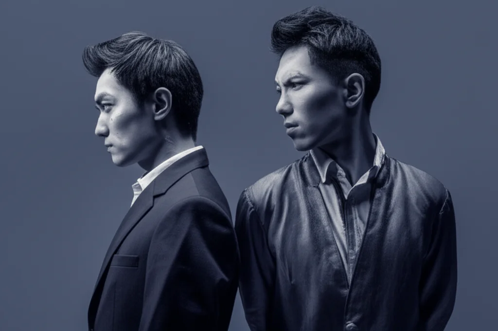 Ritratto fotografico di un uomo di mezza età asiatico e uno europeo, fianco a fianco ma con sguardi pensierosi e distanti, simboleggiando la diversa percezione culturale della disfunzione erettile. Obiettivo 35mm, profondità di campo, illuminazione soffusa, duotone blu e grigio.