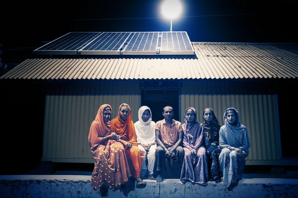 Una famiglia bengalese sorridente in una comunità rurale del Bangladesh riunita di sera sotto una luce brillante alimentata da un pannello solare visibile sul tetto della loro semplice abitazione. Fotografia di persone, obiettivo da 35mm, profondità di campo, atmosfera calda e speranzosa, duotone seppia e blu.